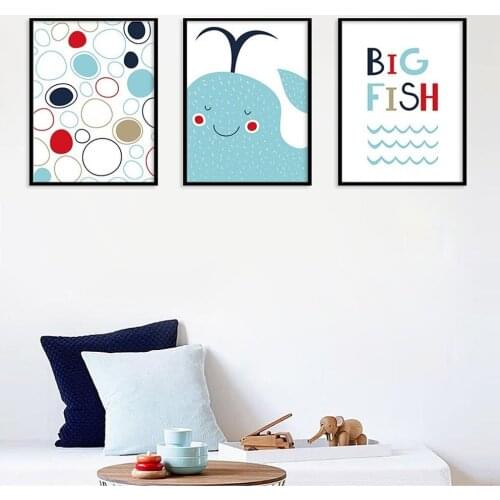 Happy Big Fish Canvas Painting Cartoon Blue Whale Bubble Poster Children Room Living Room Wall Art Painting Pictures Home Decor