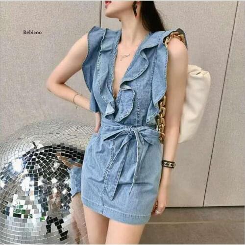 Sexy V Neck Ruffles Denim Dresses Woman Slim Sleeveless Vest Mini Dress 2020 Summer Ladies Dress