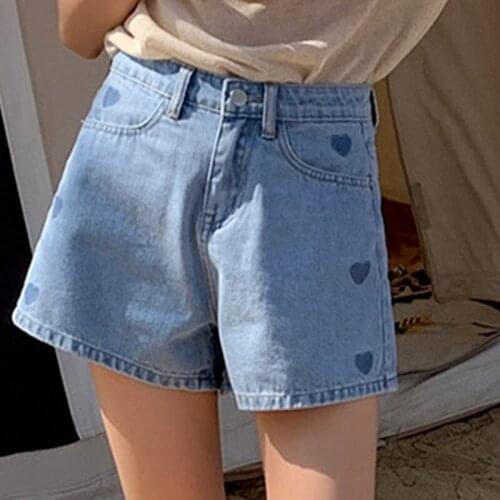 Sweet Love Pattern Embroidery Denim Shorts Female Summer High Waist Wide Leg A-line Mini Shorts Short Jeans Harajuku Cyber Y2k