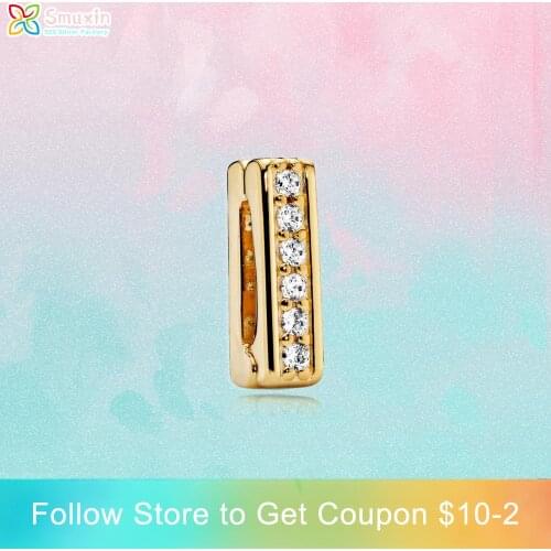 Smuxin 925 Sterling Silver Golden Timeless Sparkle Clip Charm fit Original Pandora Reflexion Bracelets Women Jewelry Girl Gift