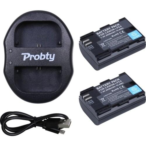 2Pcs PROBTY LP-E6 LPE6 LP E6 Camera Batteries + Dual USB Portable Charger For Canon 6D 5D Mark III 5D Mark II 7D 60D