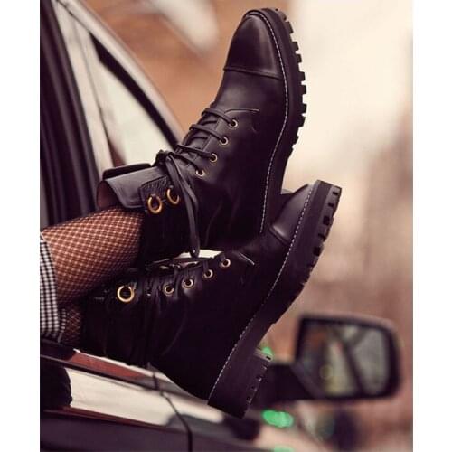 Botas Mujer Gothic Black Ankle Boots For Woman Lace UP Combat Military Boots Woman Low Chunky Heel Motorcycle Bot Punk Shoes