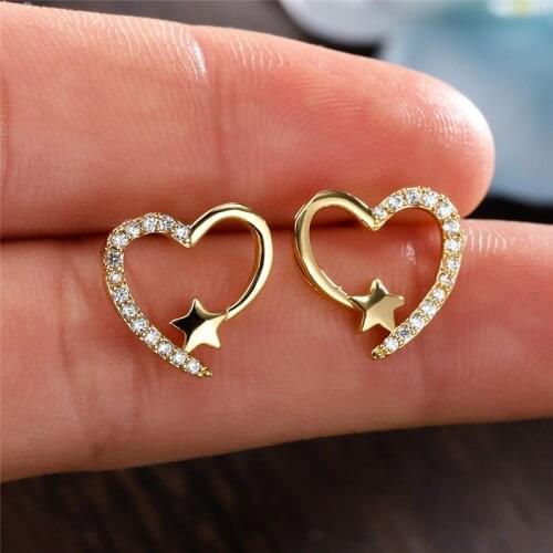 Female Luxury Love Heart Stone Stud Earrings Cute Star White Zircon Small Earrings For Women Vintage Gold Color Crystal Earrings