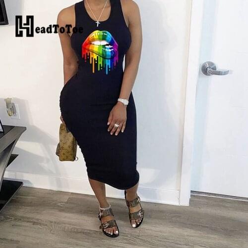 Lips Print Cut Out Ruched Bodycon Dress Women Sleeveless Sheath Pleated Casual Midi Summer Dress