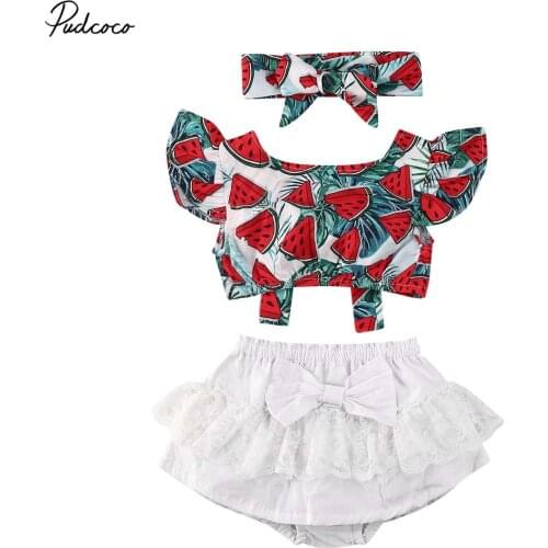 2020 Baby Summer Clothing Newborn Infant Baby Girl Clothes Watermelon Crops Top Shorts Lace Dress Outfit With Bow 3Pcs Outfit