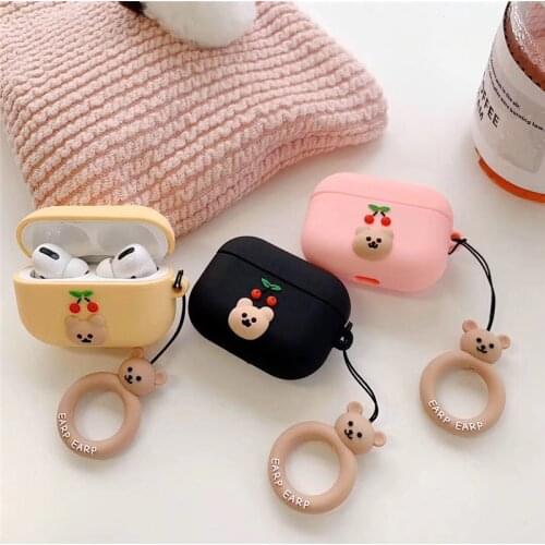 3D Luxury Protective Case for AirPods Pro Cute Cover Bluetooth Earphone Case for Airpods 2 Silicone with Ring Strap Cherry Bear