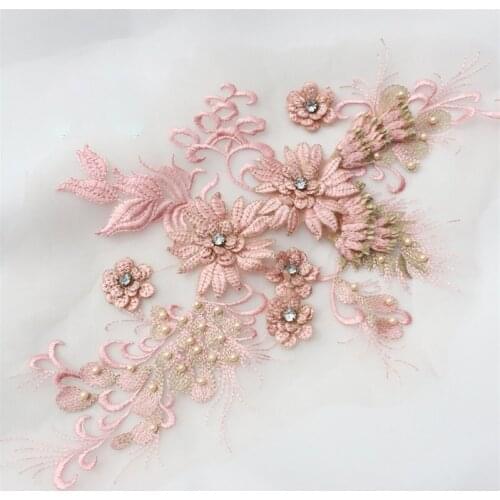 3D Wedding Dress Applique DIY Sewing Material Hot Drilling Lace Patch Multi-color Optional Pearls And Rhinestones