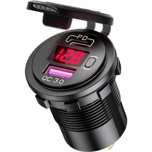 PD Type C 48W Dual USB Car Charger Socket, QC 3.0 Car Fast Charger with Voltmeter and Switch for Boat Truck RV