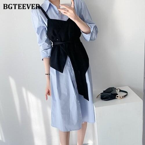 BGTEEVER Casual 2 Pieces Women Dresses 2021 Autumn Camisole & Loose Female Shirt Dress Chic Mid-length Female Vestidos