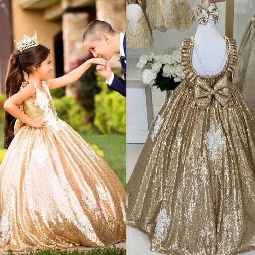 Gold Sequin Long Kids Pageant Gown Vestidos Novia Little Girls Birthday Dresses with Pearls Flower Girls Dresses for Wedding