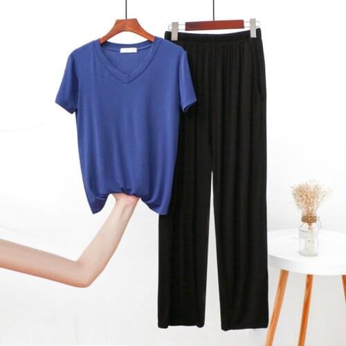 Modal Home Clothes Ladies Thin Spring Summer Pajamas Set Casual Loose Plus Size Trousers V Neck Suit Short Sleeve Pyjamas Women