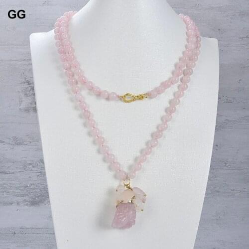 GuaiGuai Jewelry 40'' 8mm Round Rose Quartz Necklace Rough Pendant