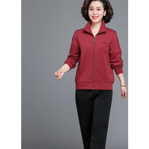 Exercise Set Women 2021 New Arrival Spring And Autumn Female Sportswear Mom Fashion Mothers Sweatshirt Pant Red Gray 013