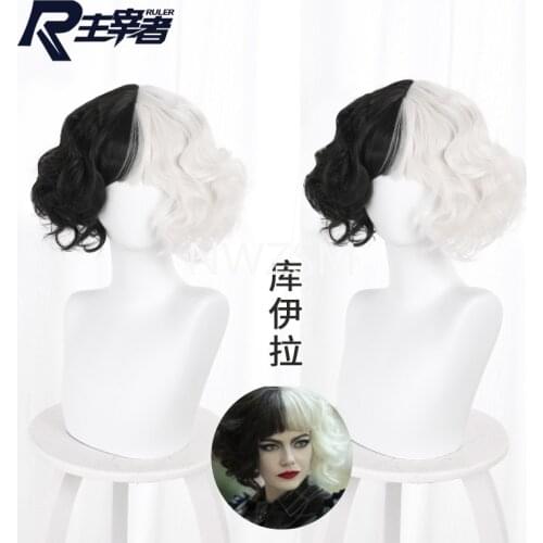 Halloween Costume Cosplay Evil Queen Black White wig Evening Party Dress Fashion Emma Magic Performance wig