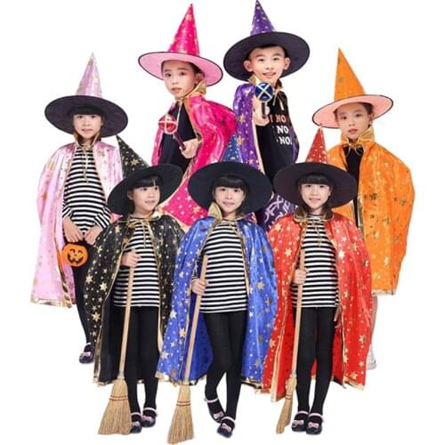 Halloween Costumes for Kids Wizard Witch Cosplay Costume Set Childrens Halloween Cloak Cape Robe with Hat for Boys Girls Unisex