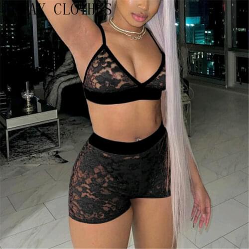 Summer Women Crochet Lace Spaghetti Strap Lingerie Set