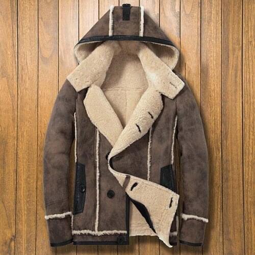 New Mens Shearling Coat B3 Flight Jacket Hooded Sheepskin Leather Overcoat Short Winter Fur Parkas