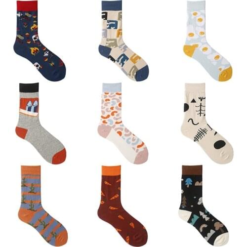 Novelty Graphic Brand Happy Socks Couples Abstract Painting Carrot Cactus Tree Puzzle Triangle Fish Colorful Cotton Funny Socks