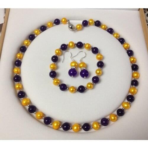 New fashion 8-8.5mm Golden Akoya Cultured Pearl purple chalcedony round beads Bracelet Necklace Earrings Set BV51