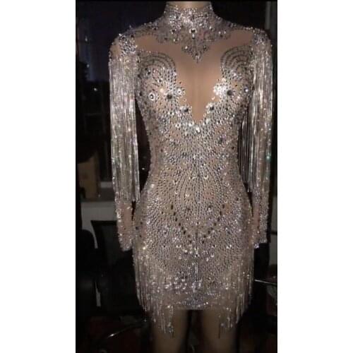 New Sparkly Crystals Chains Mesh Perspective Dress Evening Dresses Evening Birthday Celebrate Dress Singer Performance YOUDU