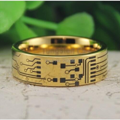 Cheap Price Free Shipping USA Canada Hot Selling 8MM New Golden Pipe CIRCUIT BOARD The Lord Mens Fashion Tungsten Wedding Ring