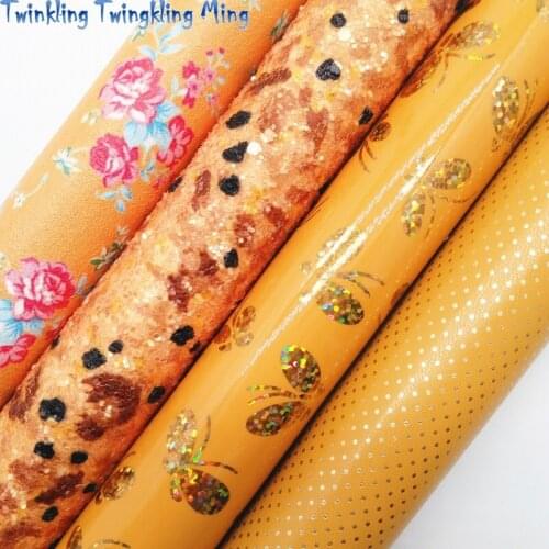 Orange Leopard Printed Glitter Fabric, Rose Butterfly Printed Synthetic Leather Faux leather 21x29CM Twinkling Ming KM473