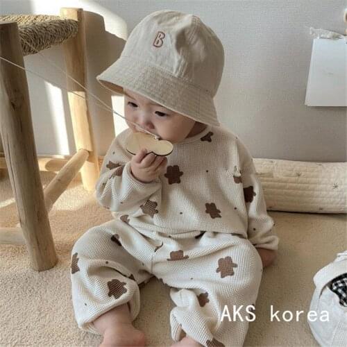 2021 Autumn New Baby Boy Bear Print Clothes Set Comfortable Waffle Cotton Long Sleeve Sweatshirt Set Girls Harem Pants Suit