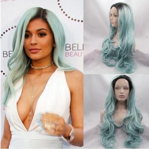 Synthetic Lace Front Wig Curly Body Wave Black Ombre Blue Green Colored Wigs Frontal Glueless Hat Hair Cosplay Lolita For Women