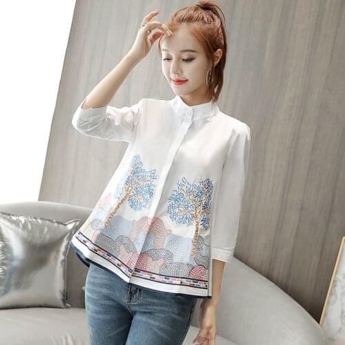Spring New Stand Collar Three Quarter Sleeve Shirt Loose Casual Tree Embroidery Female Blouse Shirts Business Stylish Tops