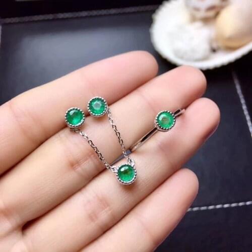 Classical simple round Natural green emerald jewelry sets natural gemstone ring Necklac Earrings S925 silver girl gift jewelry