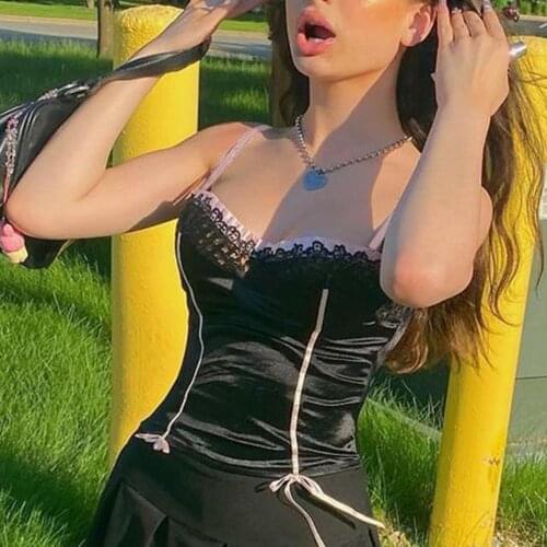 Swee Black Goth Aesthetic Cami Crop Top Patchwork Lace Trim Vintage E Girl Clothes Contrast Stitched Lace Up Summer Y2K Tops