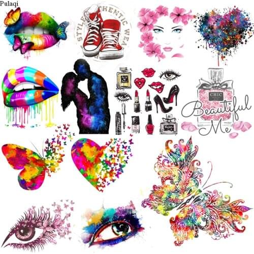 Pulaqi Butterfly Patches Thermal Iron On Patches Fashion Lips Stripes Transfer Fusible Clothing Stickers On Clothes Applique DIY