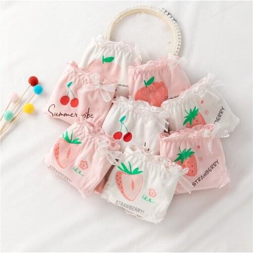 Girls Briefs Fruit Print Bag Hip Breathable Low Waist Underwea Mid-Rise White Pink Panties