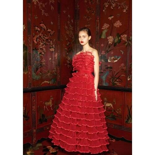 Party dresses for women fashion elegant Strapless Cascading Ruffle Sexy bodycon Celebrity Runway Red A-lin Floor-Length dresses