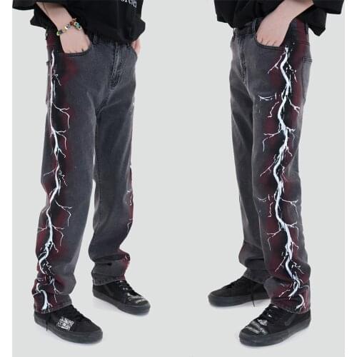 2021 Spring Men Hip Hop Hand Painted Lightning Print Denim Pants Streetwear Harajuku Cotton Jeans Trousers Joggers Clothing