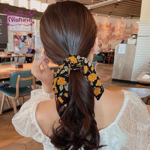 Nishine Vintage Flowers Pattern Women Streamers Hair Rope Fashion Floral Print Scrunchies Hairband Girls Accessories Photo Props