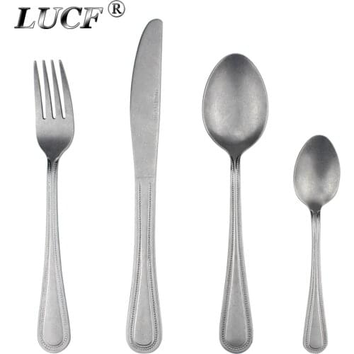 LUCF Vintage Stainless Steel Western Cutlery Antique Matte style Mirror Polish tableware dining Utensils flatware for Kitchen