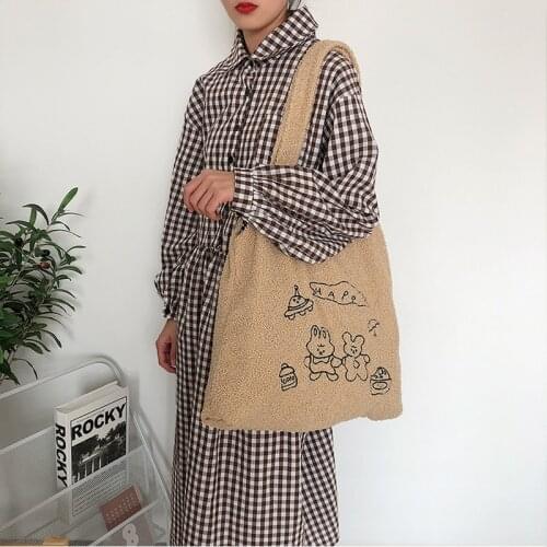 Large-capacity Plush Shoulder Bag Women Cartoon Embroidery Lamb Bag Casual Tote Shopper Bag Girls Handbag Torebki Damskie Bolsa