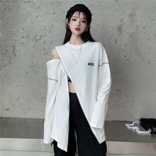 2020 Autumn Harajuku Off Shoulder Top Women Long Sleeve Gothic Style T Shirt Zipper Split Loose Tee White Mid-length Tshirts