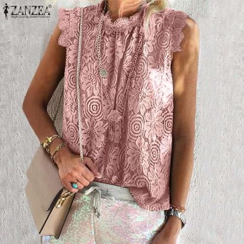 ZANZEA Women Sleeveless Lace Crochet Blouse Summer Tanks Tops Solid Club Blusas Oversized Hollow Top Casual Elegant Floral Shirt