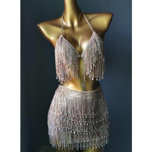 Anibol Rhinestone Tassels Women Skirt High-End Customized Diamond Evening Dress Manual Stitched Crystal Party Bikini Set