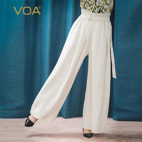VOA Flowing Yarn White 60mm Heavy Silk K1211 Lace-up Metal Buckle Inclined Insert Bag Back Zipper Wide Leg Trousers for Women