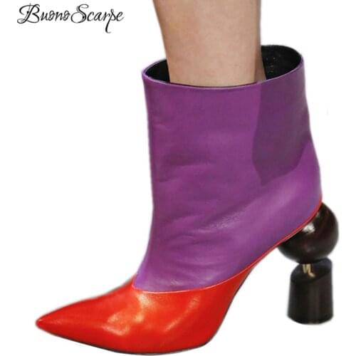 BuonoScarpe Women Geometry Strange High Heels Ankle Boots Sexy Runway T-show Short Botas Mujer Pointed Toe Patchwork Boots