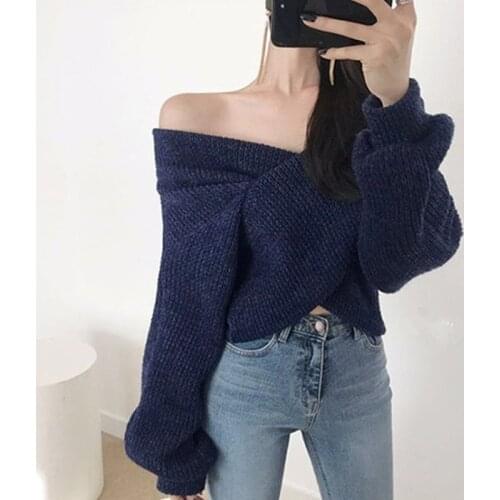 New Women Korean Elegant Sweater Spring Autumn V Neck Sexy Off The Shoulder Cropped Swaeter Woman Vintage Crop Tops Pullover