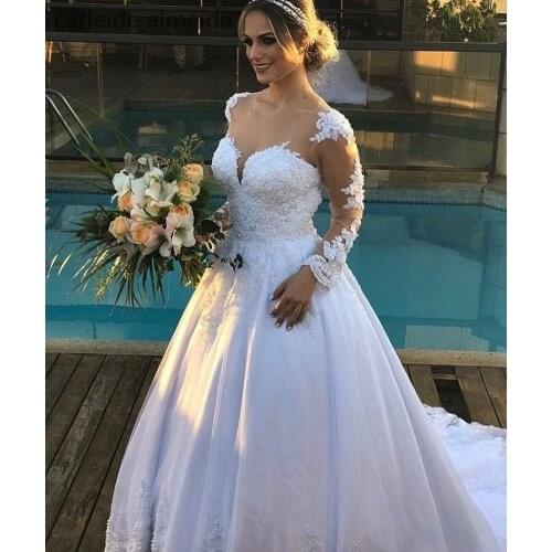 Vestido de Noiva Scoop Long Sleeves Wedding Dress Bead Lace Appliques Luxury Robe mariage Bride Dress Chapel Train Bodas