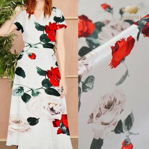 1.08 Meter X 1 Meter Red Rose Print White Elastic Satin Spandex Painted Fabric Cloth Clothing Mulberry Silk