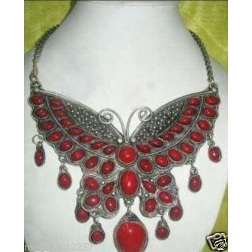 2016 vintage pretty old tibet silver inlay coral jewlery necklace