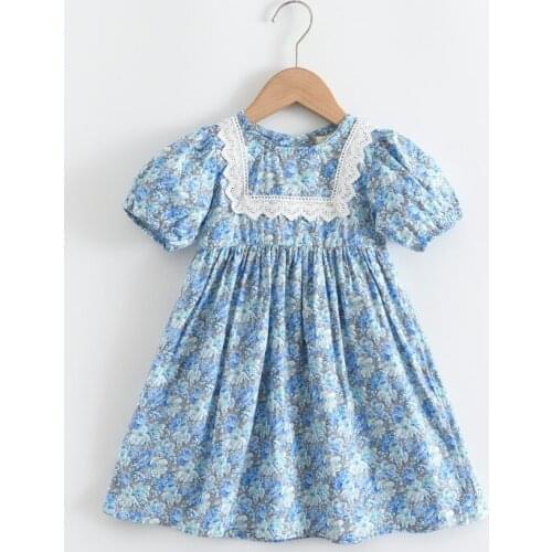 27Kids Girls Dress Summer Printing Lace Flowers Short Sleeve Dress For Girls Clothes and Breathable 3-7Years