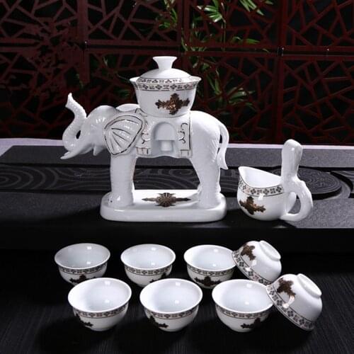Automatic White Ceramic Transparent Tea Pot Cup Sets With Gift Box Creative Elephant Porcelain Kung Fu Tea Set mouth Cups
