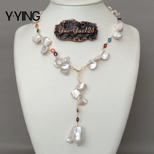 Y·YING top-drilled Cultured White Keshi Pearl Multi Color Enamel Chain Y-Drop Necklace 24" cute style party for women gift